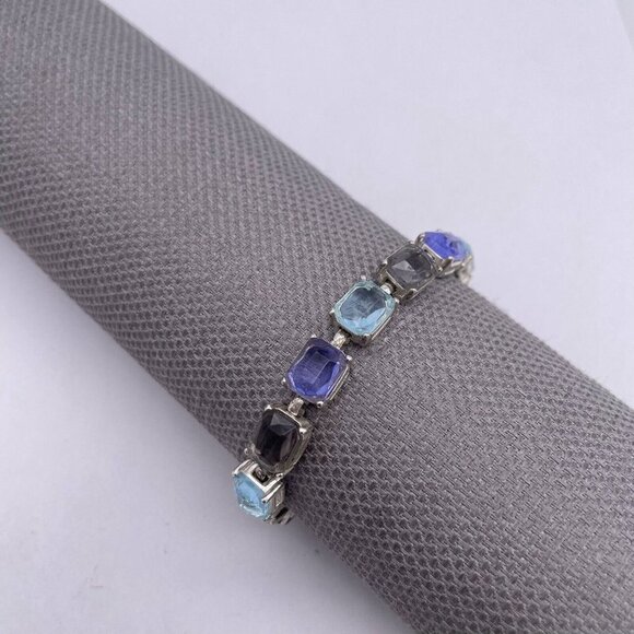 Multicolor Faceted Crystal Link Tennis Bracelet Silver Tone Fold Over Clasp - Picture 5 of 7